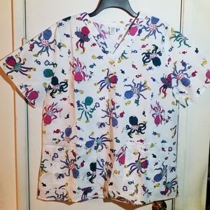 Women's Medical Scrub Top Octopus Fish Ocean Med